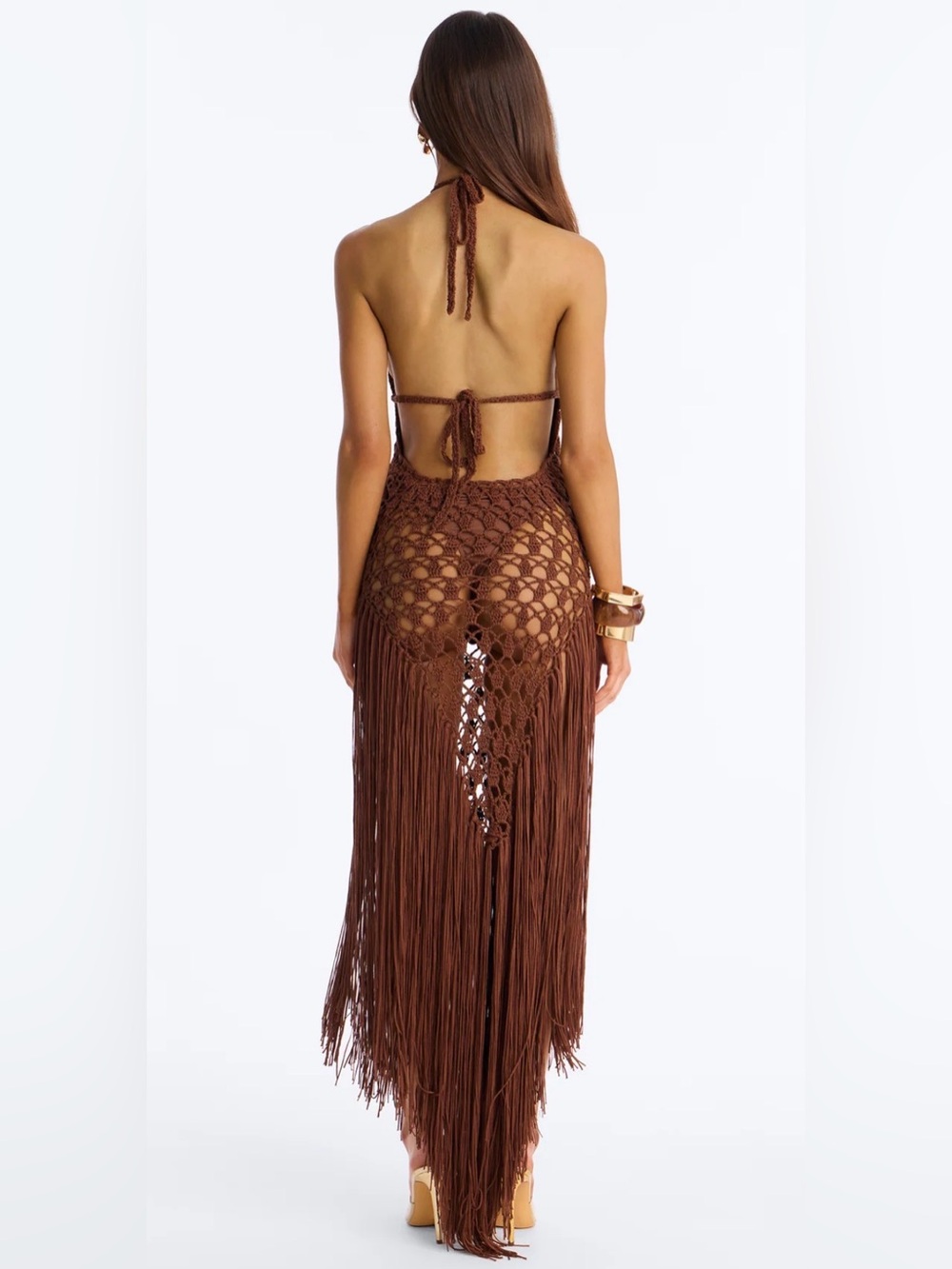 Fashion Nova Brown Crochet Halter Fringe Maxi Dress - Picture 2 of 2